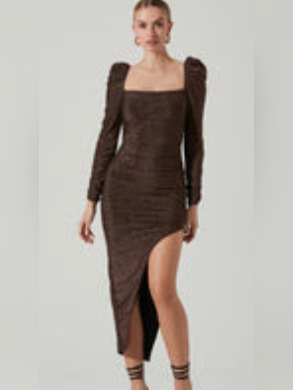 Astr Vanozza metallic Brown Square Neck High-Low Midi Dress